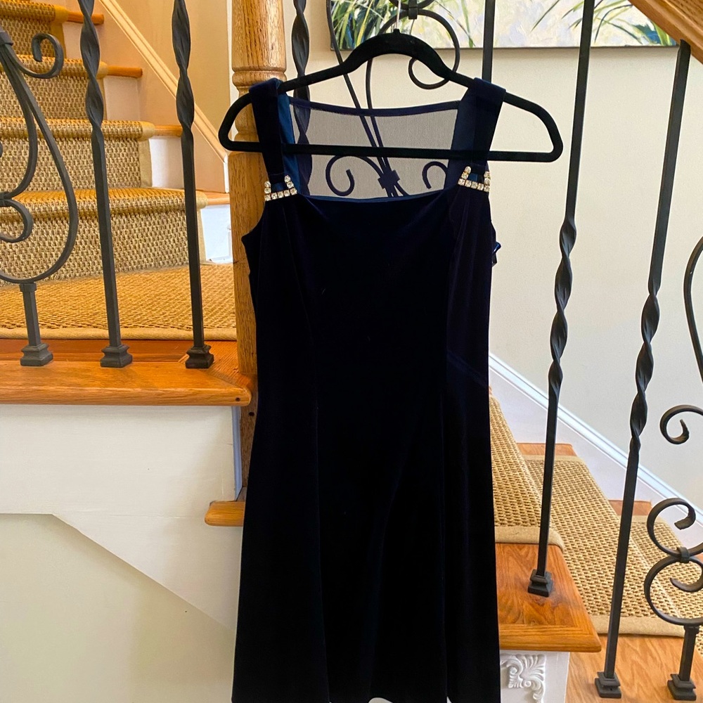 Vintage Scott McClintock Blue Velvet and Netting Dress with Gold and Rhinestones